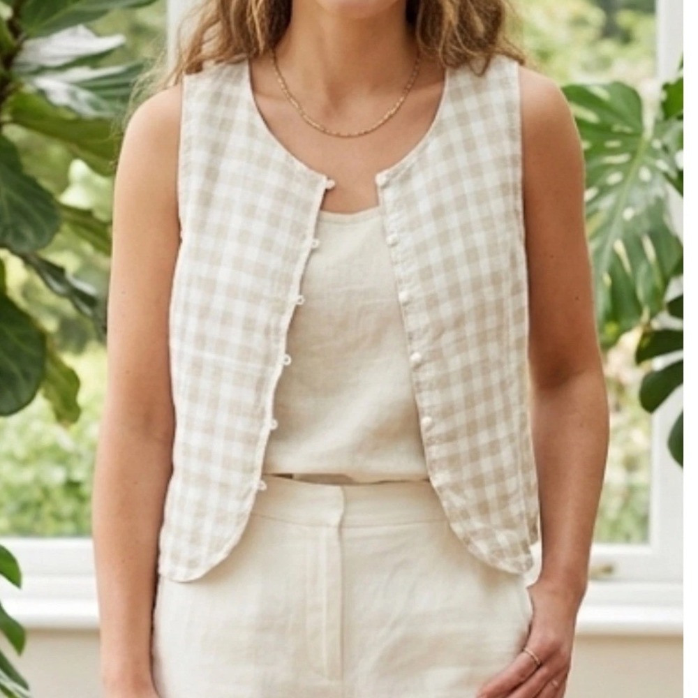 Laura Ashley Tan Gingham 100% Linen‎ Button Front Vest Sleeveless Top XL